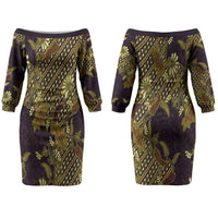 Indonesian Parang Batik Couples Matching Off The Shoulder Long Sleeve Dress and Long Sleeve Button Shirt Yellow Floral Pattern