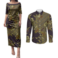 Indonesian Parang Batik Couples Matching Puletasi and Long Sleeve Button Shirt Yellow Floral Pattern