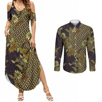 Indonesian Parang Batik Couples Matching Summer Maxi Dress and Long Sleeve Button Shirt Yellow Floral Pattern