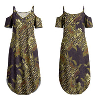 Indonesian Parang Batik Couples Matching Summer Maxi Dress and Long Sleeve Button Shirt Yellow Floral Pattern