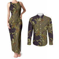 Indonesian Parang Batik Couples Matching Tank Maxi Dress and Long Sleeve Button Shirt Yellow Floral Pattern