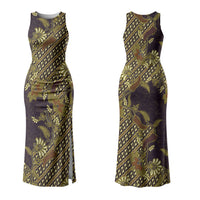 Indonesian Parang Batik Couples Matching Tank Maxi Dress and Long Sleeve Button Shirt Yellow Floral Pattern