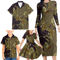 Indonesian Parang Batik Family Matching Long Sleeve Bodycon Dress and Hawaiian Shirt Yellow Floral Pattern
