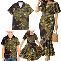 Indonesian Parang Batik Family Matching Mermaid Dress and Hawaiian Shirt Yellow Floral Pattern