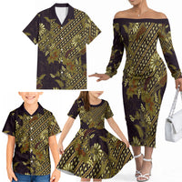 Indonesian Parang Batik Family Matching Off The Shoulder Long Sleeve Dress and Hawaiian Shirt Yellow Floral Pattern