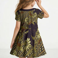 Indonesian Parang Batik Kid Short Sleeve Dress Yellow Floral Pattern