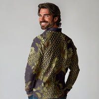 Indonesian Parang Batik Long Sleeve Polo Shirt Yellow Floral Pattern