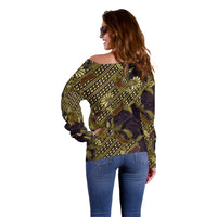 Indonesian Parang Batik Off Shoulder Sweater Yellow Floral Pattern