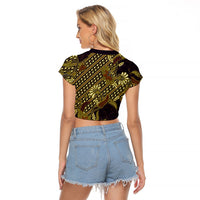 Indonesian Parang Batik Raglan Cropped T Shirt Yellow Floral Pattern