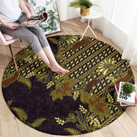 Indonesian Parang Batik Round Carpet Yellow Floral Pattern