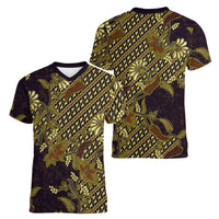 Indonesian Parang Batik Women V-Neck T-Shirt Yellow Floral Pattern