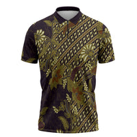 Indonesian Parang Batik Zipper Polo Shirt Yellow Floral Pattern