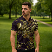 Indonesian Parang Batik Zipper Polo Shirt Yellow Floral Pattern