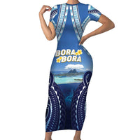 Personalised French Polynesia Bora Bora Short Sleeve Bodycon Dress Beach Landscape Polynesian Style LT05 Long Dress Blue - Polynesian Pride