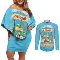 Aloha Hawaii Couples Matching Off Shoulder Short Dress and Long Sleeve Button Shirt Funny Macaw Parrot Tropical Vibe LT05 Blue - Polynesian Pride