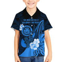 Personalised Hawaii State Motto Family Matching Summer Maxi Dress and Hawaiian Shirt Hawaiian Tribal Blue Hammerhead Shark LT05 Son's Shirt Blue - Polynesian Pride