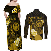 Personalised Hawaii State Motto Couples Matching Off Shoulder Maxi Dress and Long Sleeve Button Shirt Hawaiian Tribal Gold Hammerhead Shark LT05 - Polynesian Pride