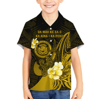 Personalised Hawaii State Motto Kid Hawaiian Shirt Hawaiian Tribal Gold Hammerhead Shark LT05 Kid Gold - Polynesian Pride