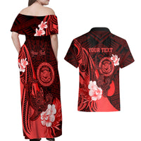 Personalised Hawaii State Motto Couples Matching Off Shoulder Maxi Dress and Hawaiian Shirt Hawaiian Tribal Red Hammerhead Shark LT05 - Polynesian Pride