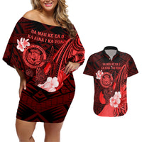 Personalised Hawaii State Motto Couples Matching Off Shoulder Short Dress and Hawaiian Shirt Hawaiian Tribal Red Hammerhead Shark LT05 Red - Polynesian Pride