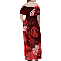Personalised Hawaii State Motto Family Matching Off Shoulder Maxi Dress and Hawaiian Shirt Hawaiian Tribal Red Hammerhead Shark LT05 - Polynesian Pride