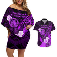 Personalised Hawaii State Motto Couples Matching Off Shoulder Short Dress and Hawaiian Shirt Hawaiian Tribal Purple Hammerhead Shark LT05 Purple - Polynesian Pride
