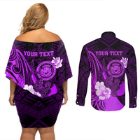 Personalised Hawaii State Motto Couples Matching Off Shoulder Short Dress and Long Sleeve Button Shirt Hawaiian Tribal Purple Hammerhead Shark LT05 - Polynesian Pride