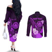 Personalised Hawaii State Motto Couples Matching Off The Shoulder Long Sleeve Dress and Long Sleeve Button Shirt Hawaiian Tribal Purple Hammerhead Shark LT05 - Polynesian Pride