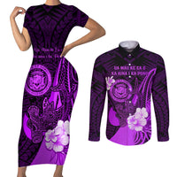 Personalised Hawaii State Motto Couples Matching Short Sleeve Bodycon Dress and Long Sleeve Button Shirt Hawaiian Tribal Purple Hammerhead Shark LT05 Purple - Polynesian Pride