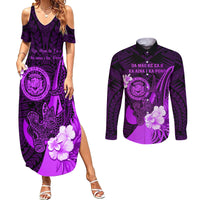 Personalised Hawaii State Motto Couples Matching Summer Maxi Dress and Long Sleeve Button Shirt Hawaiian Tribal Purple Hammerhead Shark LT05 Purple - Polynesian Pride