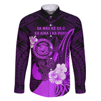 Personalised Hawaii State Motto Family Matching Tank Maxi Dress and Hawaiian Shirt Hawaiian Tribal Purple Hammerhead Shark LT05 Dad's Shirt - Long Sleeve Purple - Polynesian Pride