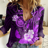 Personalised Hawaii State Motto Women Casual Shirt Hawaiian Tribal Purple Hammerhead Shark LT05 Female Purple - Polynesian Pride