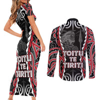 Aotearoa Waitangi Day Couples Matching Short Sleeve Bodycon Dress and Long Sleeve Button Shirt Maori Warrior Tribal Tattoo