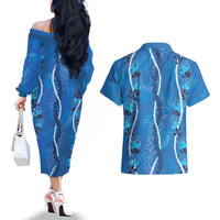 Hawaii Maile Lei Couples Matching Off The Shoulder Long Sleeve Dress and Hawaiian Shirt With Blue Monstera Pattern