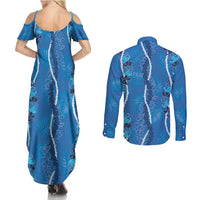 Hawaii Maile Lei Couples Matching Summer Maxi Dress and Long Sleeve Button Shirt With Blue Monstera Pattern LT05 - Polynesian Pride