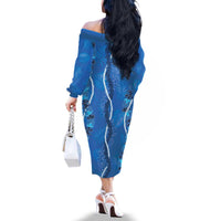Hawaii Maile Lei Family Matching Off The Shoulder Long Sleeve Dress and Hawaiian Shirt With Blue Monstera Pattern