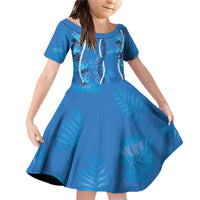 Hawaii Maile Lei Family Matching Off Shoulder Short Dress and Hawaiian Shirt With Blue Monstera Pattern LT05 Daughter's Dress Blue - Polynesian Pride