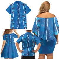 Hawaii Maile Lei Family Matching Off Shoulder Short Dress and Hawaiian Shirt With Blue Monstera Pattern LT05 - Polynesian Pride