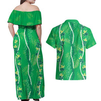 Hawaii Maile Lei Couples Matching Off Shoulder Maxi Dress and Hawaiian Shirt With Green Monstera Pattern