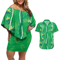 Hawaii Maile Lei Couples Matching Off Shoulder Short Dress and Hawaiian Shirt With Green Monstera Pattern