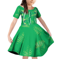 Hawaii Maile Lei Family Matching Off Shoulder Short Dress and Hawaiian Shirt With Green Monstera Pattern LT05 Daughter's Dress Green - Polynesian Pride