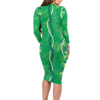 Hawaii Maile Lei Long Sleeve Bodycon Dress With Green Monstera Pattern LT05 - Polynesian Pride