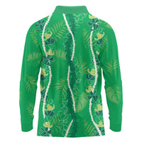 Hawaii Maile Lei Long Sleeve Polo Shirt With Green Monstera Pattern