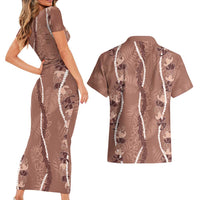 Hawaii Maile Lei Couples Matching Short Sleeve Bodycon Dress and Hawaiian Shirt With Brown Monstera Pattern
