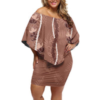 Hawaii Maile Lei Family Matching Off Shoulder Short Dress and Hawaiian Shirt With Brown Monstera Pattern LT05 Mom's Dress Brown - Polynesian Pride