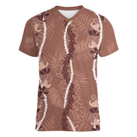 Hawaii Maile Lei Women V-Neck T-Shirt With Brown Monstera Pattern LT05 Female Brown - Polynesian Pride