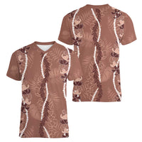 Hawaii Maile Lei Women V-Neck T-Shirt With Brown Monstera Pattern LT05 - Polynesian Pride