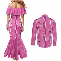 Hawaii Maile Lei Couples Matching Mermaid Dress and Long Sleeve Button Shirt With Pink Monstera Pattern LT05 - Polynesian Pride