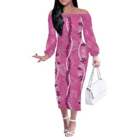 Hawaii Maile Lei Family Matching Off The Shoulder Long Sleeve Dress and Hawaiian Shirt With Pink Monstera Pattern