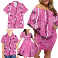 Hawaii Maile Lei Family Matching Off Shoulder Short Dress and Hawaiian Shirt With Pink Monstera Pattern LT05 - Polynesian Pride